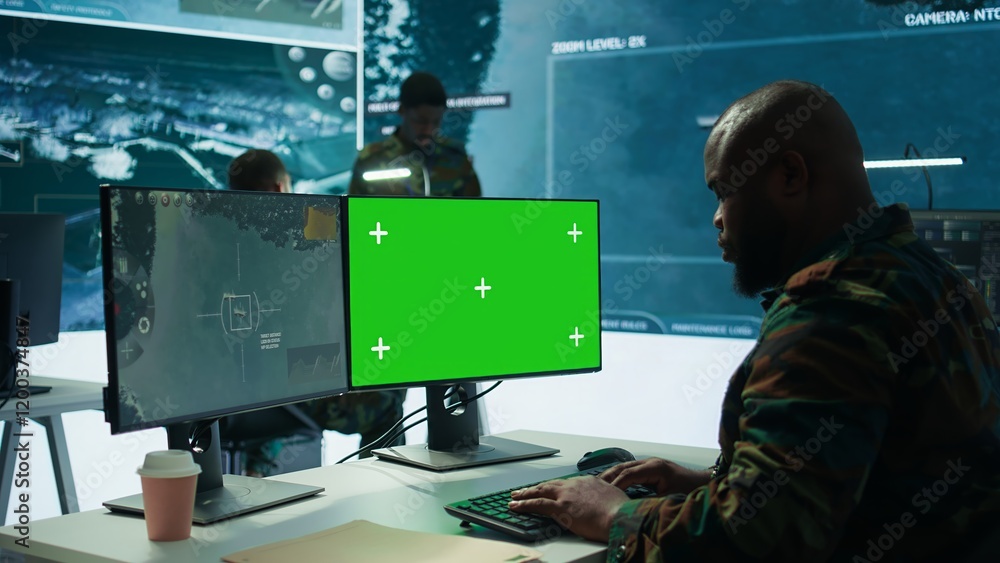 Poster army officer gathers intelligence from radar next to isolated copy space, working on satellite data 