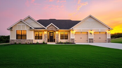 An elegant single-story home with cream and taupe walls, stone detailing, and illuminated windows