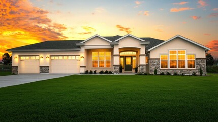 An elegant single-story home with cream and taupe walls, stone detailing, and illuminated windows
