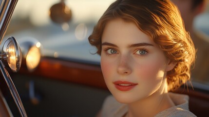 Beautiful young woman inside vintage car during golden hour, showcasing classic beauty and nostalgia