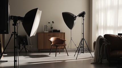 Professional photo studio with soft lighting and props