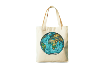 Colorful earth design on a reusable tote bag for eco-friendly shopping and daily use isolated on transparent background