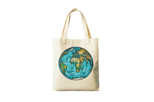 Colorful earth design on a reusable tote bag for eco-friendly shopping and daily use isolated on transparent background