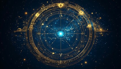 Celestial clockwork design with golden constellations and stars on a dark blue background.