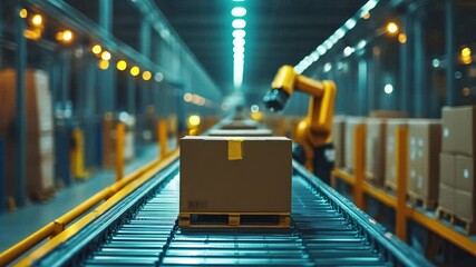 Automated robot arm in a manufacturing warehouse, handling materials on a production line, emphasizing the power of robotics in industry.