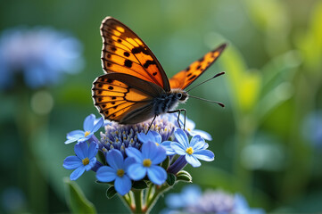 Orange butterfly perched on vibrant blue flowers in a lush green garden setting.