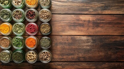 Fototapeta premium Colorful Spices and Herbs in Glass Jars on Rustic Wooden Table