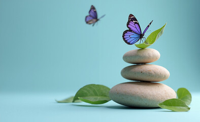 Blue butterfly resting on stacked zen stones with green leaves on a light blue background.