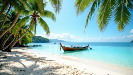 A vibrant turquoise ocean cradles a sleek long-tail boat heading towards a sunlit, pristine white-sand beach, with inviting pebbles dotting its edge