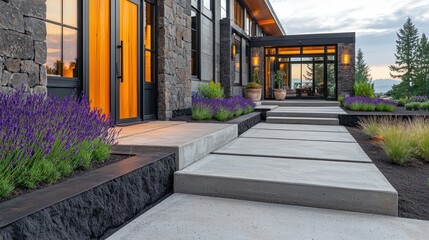 Obraz premium An upscale home with basalt stone walls, rich mahogany accents, and black-edged wooden doors