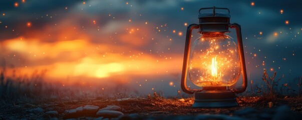 Glowing lantern at sunset, sparks fly, nature background, hope concept
