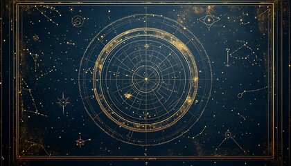 Celestial chart with constellations and stars on a dark blue background.
