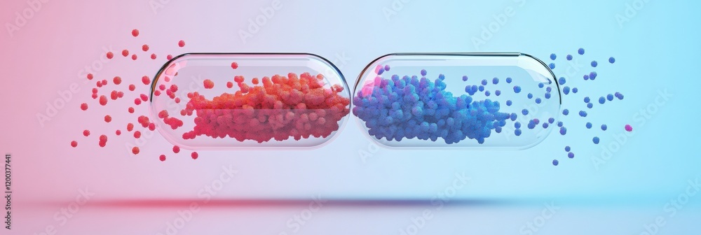 Leinwandbilder Colorful particles spill from split capsule in bright environment with vibrant hues and dynamic design. Generative AI