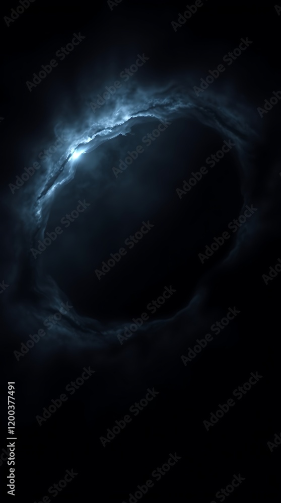 Poster dark vortex surrounded by luminous clouds in void at twilight