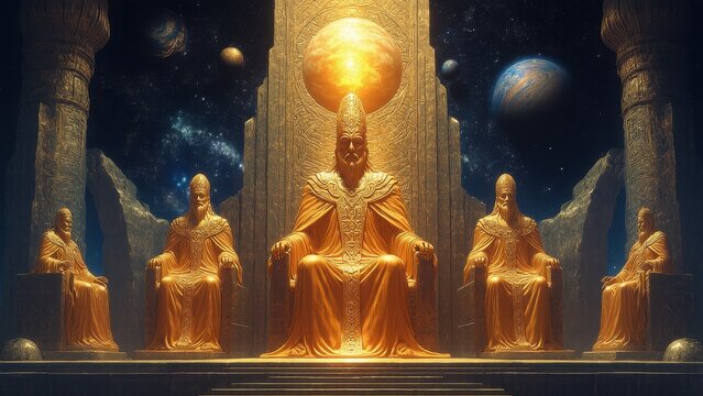 Sumerian gods together in a pantheon meeting
