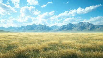 Obraz premium Serene Golden Grasslands and Majestic Mountains Under a Sunny Sky
