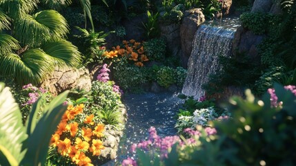 Lush Waterfall Scene with Vibrant Flora and Sparkling Water in a Tropical Setting