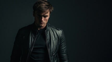 Fototapeta premium Man in leather jacket exudes confidence with dramatic lighting and shadows