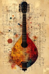 Artistic Representation of a Mandolin Overlaid on Vintage Sheet Music with Colorful Abstract Paint Splashes and Textured Background