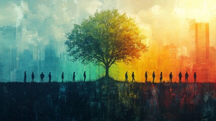 An abstract view of a tree and a series of people, symbolizing the legacy and protection of trees for future generations, modern