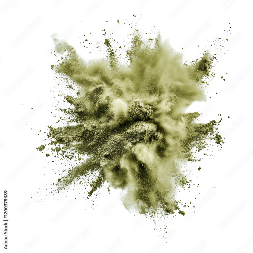 Poster olive green powder explosion captured against a transparent background creating an artistic and dyna