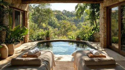 An outdoor massage area with a view of nature, surrounded by greenery, peaceful setting, outdoor massage