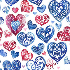 Fototapeta premium Seamless Colorful hearts with intricate patterns and doodles in watercolor style