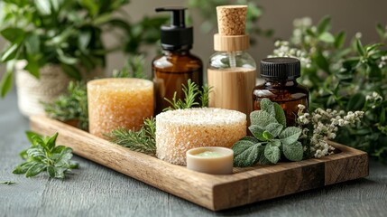 Arrangement of natural spa products on a wooden tray, focused still life, spa background