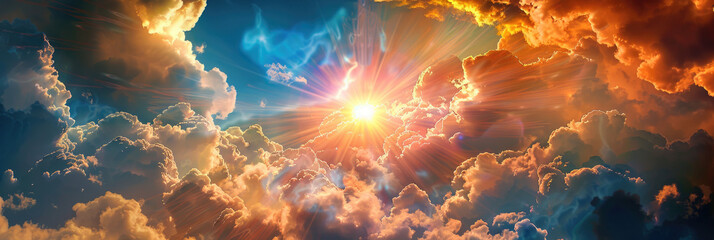 Bright golden light breaking through soft clouds in a serene, celestial sky