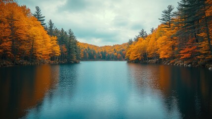 Obraz premium Golden Autumn Serenity: A Tranquil Lake Reflecting Vibrant Fall Foliage