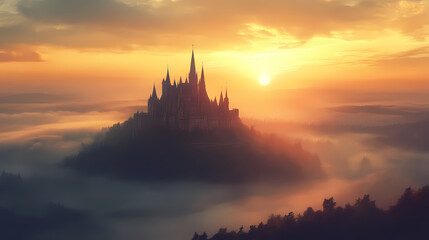Obraz premium Fog-covered castle on a misty hill perfect for fantasy and historical wallpapers with an eerie touch. Fantasy Castle Sunrise. Illustration