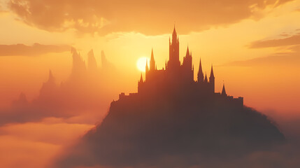 Obraz premium Fog-covered castle on a misty hill perfect for fantasy and historical wallpapers with an eerie touch. Fantasy Castle Sunrise. Illustration