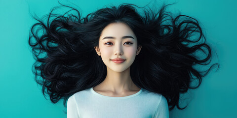 Fototapeta premium Smiling young woman with black long groomed hair. Black color hair, promotion banner background template