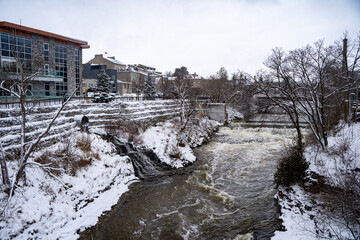 Winter view of the Grand River in the town of Fergus, Ontario.