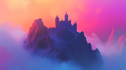 Fototapeta premium Majestic castle set atop a misty mountain with a colorful atmospheric backdrop. Fantasy Castle Sunrise. Illustration