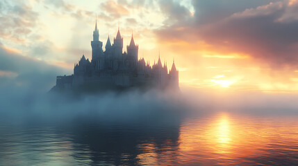 Fototapeta premium Medieval castle emerging from fog at golden hour. Fantasy Castle Sunrise. Illustration