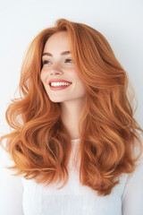 Fototapeta premium Smiling young woman with long groomed ginger color hair. Orange hair, promotion banner background template