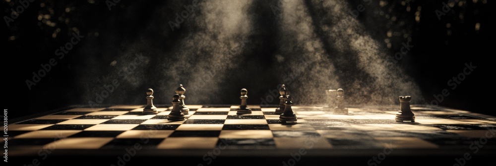 Aufkleber chess pieces arranged on a board illuminated by soft light highlighting their dramatic confrontation