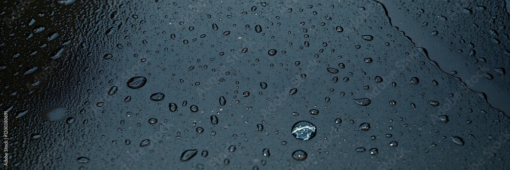 Poster raindrops create patterns on a dark surface during a rainy day
