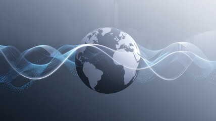 A stylized globe with a digital abstract wave background symbolizes global connectivity and technology.