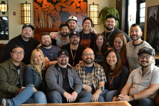 Group of diverse friends smiling and having fun together at a coffee shop