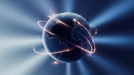 A glowing Earth surrounded by dynamic light trails representing global connectivity and technology advancement.