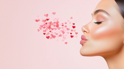 Caucasian young woman blowing heart shapes on pink background. Valentines Day. Happy Tu B'Av, International Thank You Day