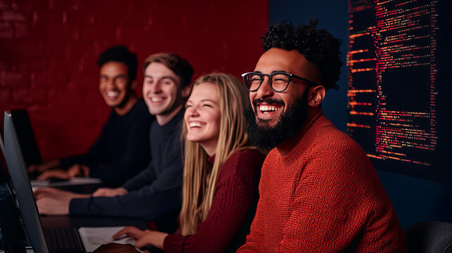 Group of diverse friends enjoying coding session in a modern workspace during evening hours