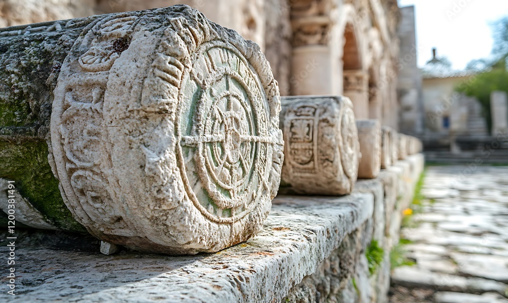 Poster close-up of intricately carved ancient stone column segments, set against a blurred backdrop of aged