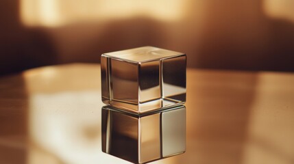 Modern metallic cube with reflections on a golden surface