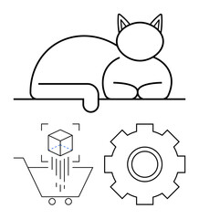 Outline cat resting, cube in digital focus, shopping cart, gear symbolizing e-commerce, retail, 3D modeling, automation, technology, innovation and productivity abstract line flat metaphor