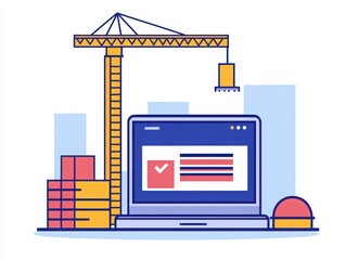Illustration of construction concept showing crane, laptop, and building materials for digital project management.