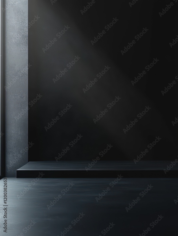 Poster black minimalist shelf display in elegant studio with soft lighting and dark background for product 