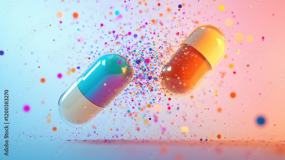 Fototapete colorful particles burst from split capsule creating a vibrant visual explosion in a bright setting.